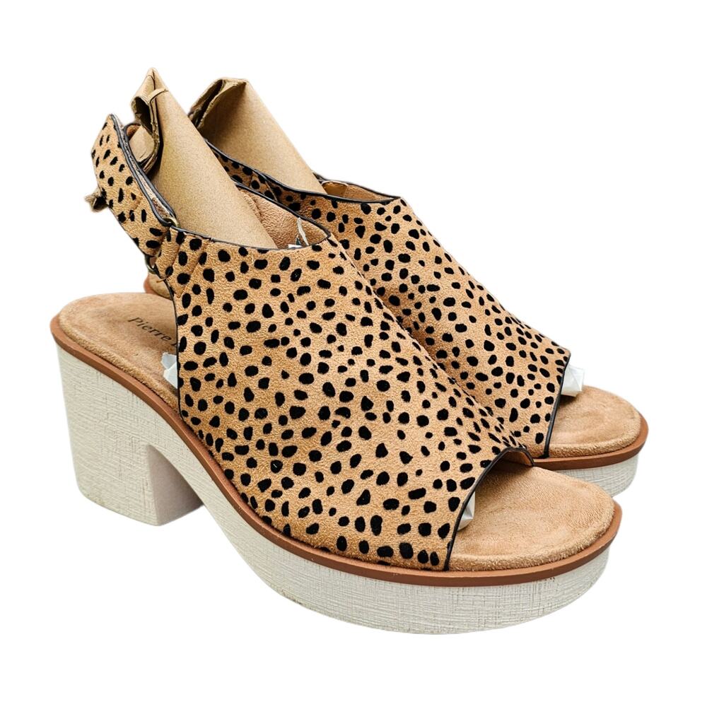 Cheetah Slingback Heels Pierre Dumas Clue Size 8.5 Tan Black Platform Sandals